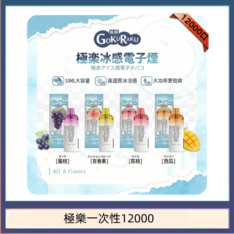 【8種口味】極楽 12000口一次性電子煙|超大容量 |口感絲滑|新品